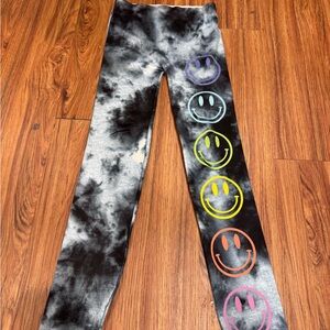 Kids Black & Gray Tie-Dye Leggings with Rainbow Smile Faces